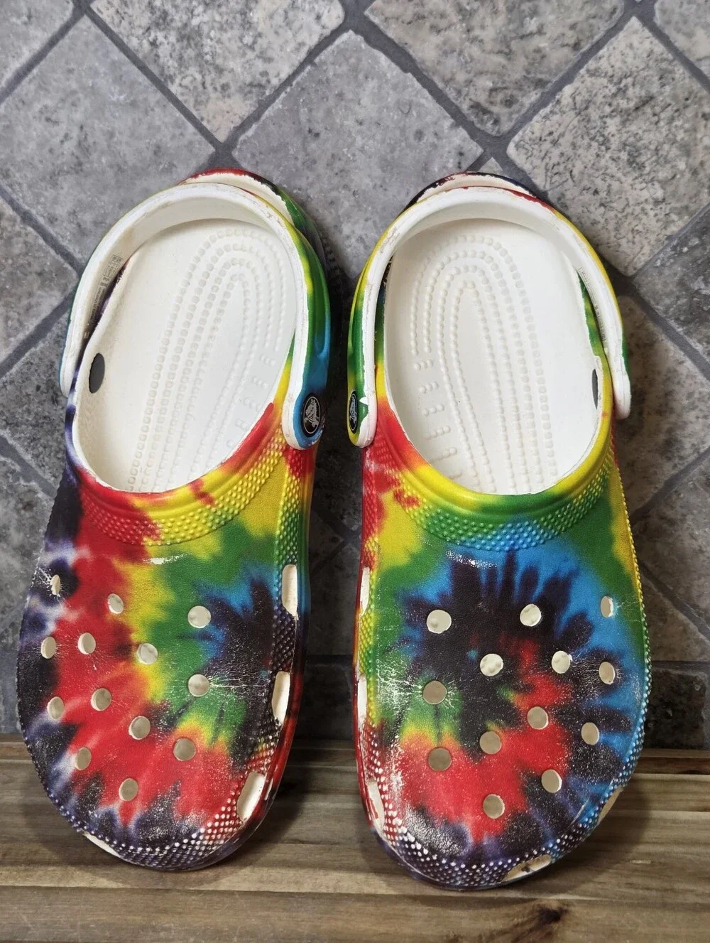 Crocs Baya Classic Tie Dye Unisex Clogs Slip On Shoes Multicolor White Sz W9 M7